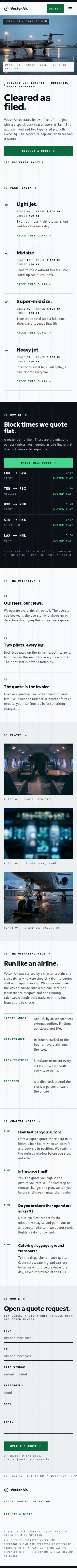 Vector Air Charter, a section of the home page