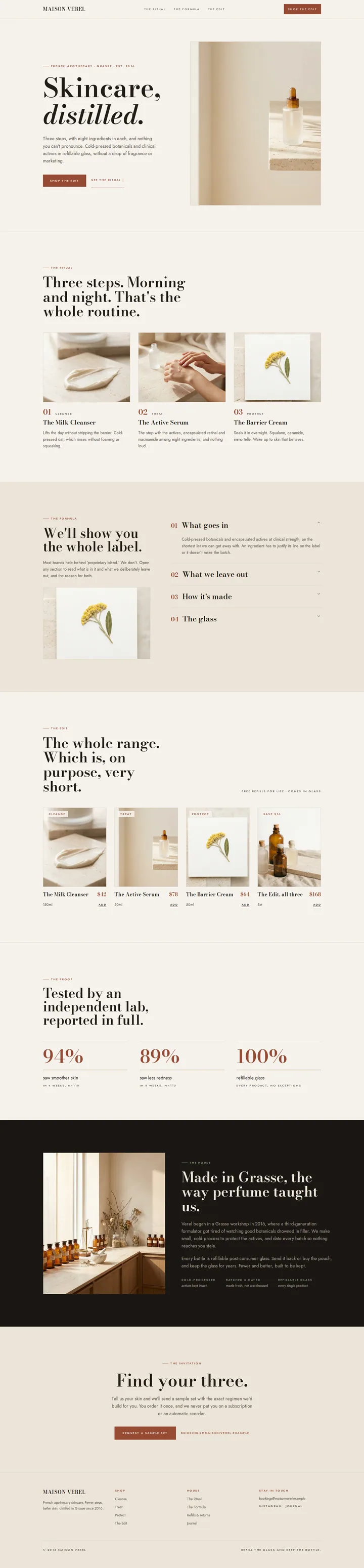 The Maison Verel skincare and beauty template, shown on a desktop screen