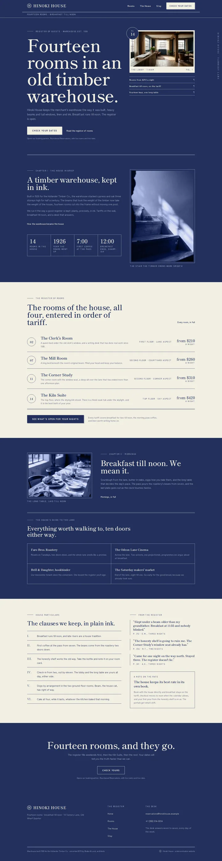 The Hinoki House boutique hotel template, shown on a desktop screen
