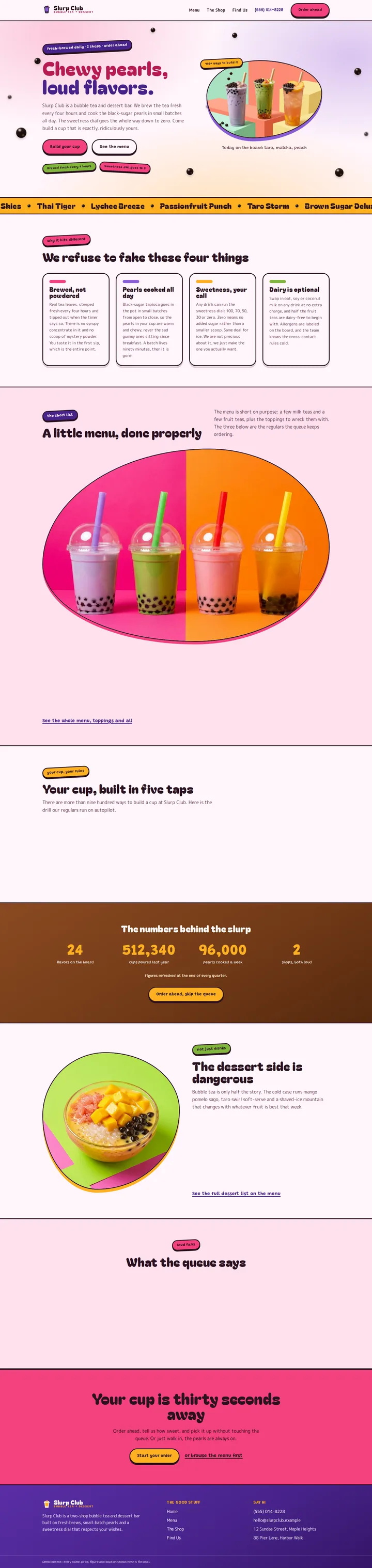 The Slurp Club bubble tea and dessert bar template, shown on a desktop screen