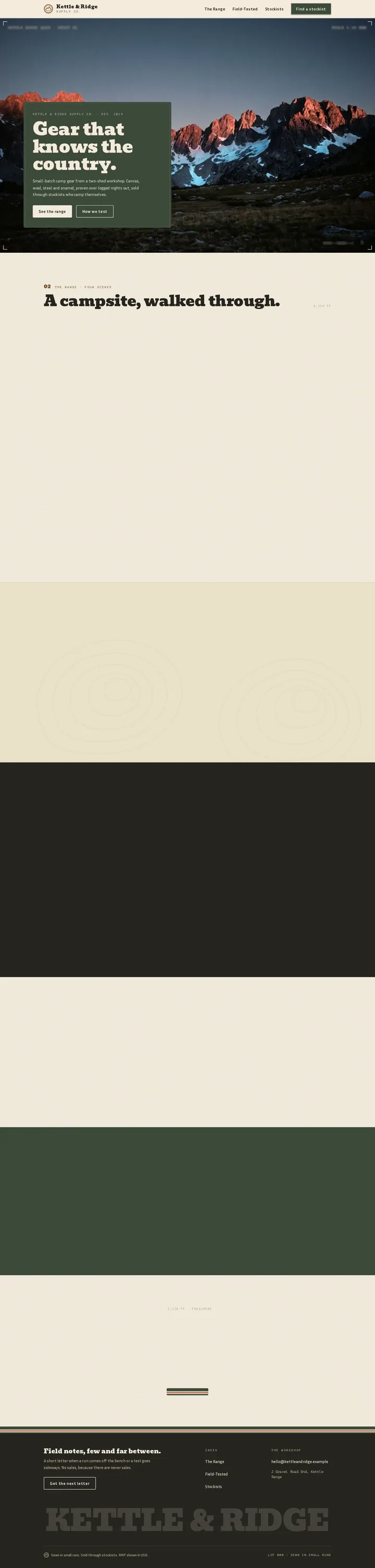 The Kettle & Ridge Supply Co. outdoor and camping gear brand template, shown on a desktop screen