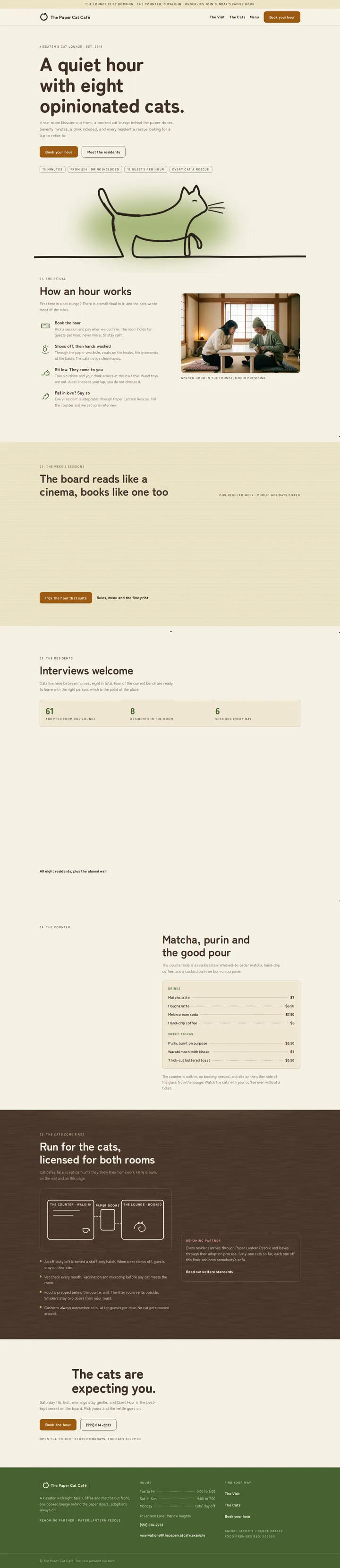 The Paper Cat Cafe cat cafe and cat lounge template, shown on a desktop screen