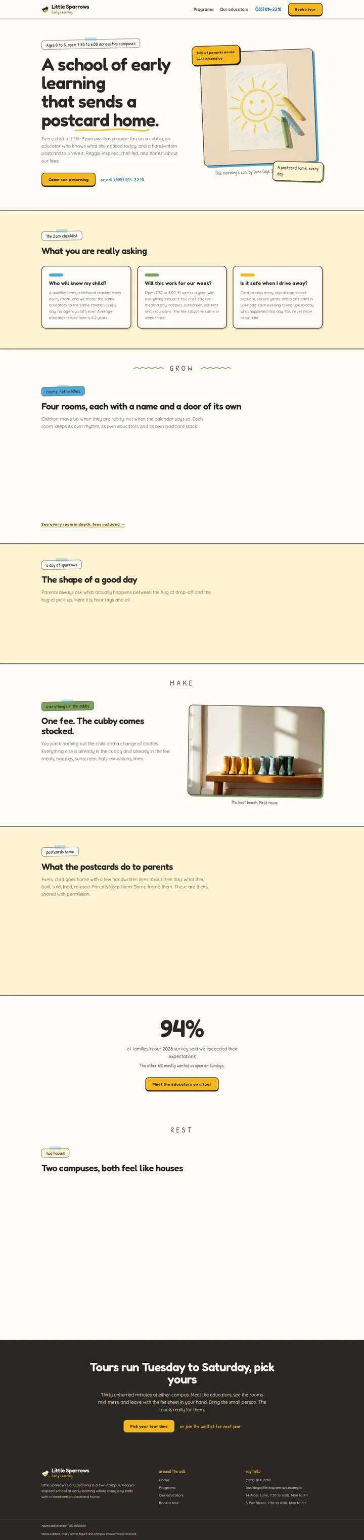 Little Sparrows Early Learning, the home page top to bottom