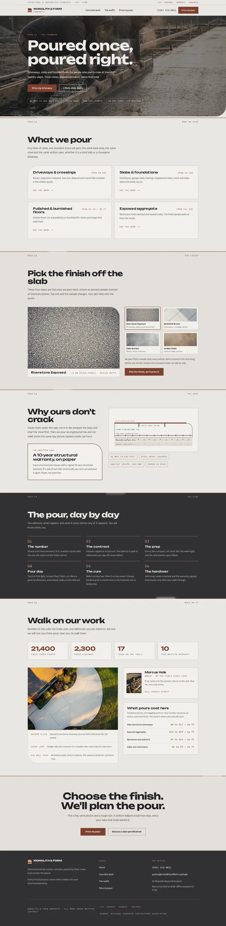 The Monolith & Form Concrete concreting contractor template, shown on a desktop screen