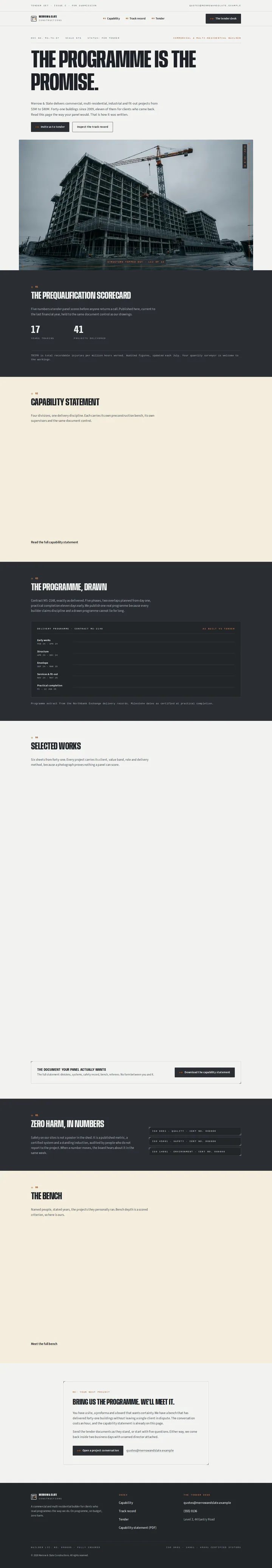 The Merrow & Slate Constructions commercial construction template, shown on a desktop screen