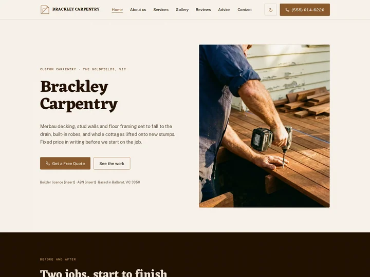 The Brackley Carpentry carpentry, decking and structural template, shown on a desktop screen