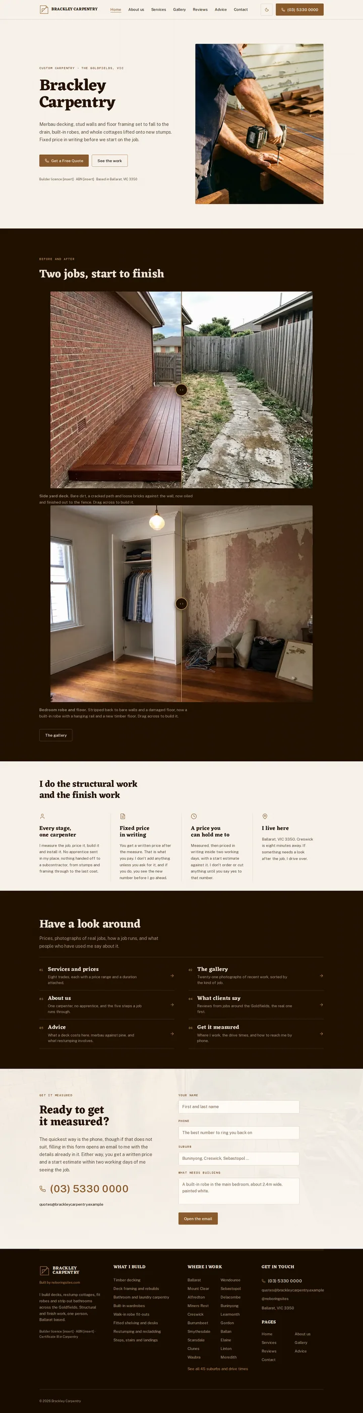 The Brackley Carpentry carpentry, decking and structural template, shown on a desktop screen