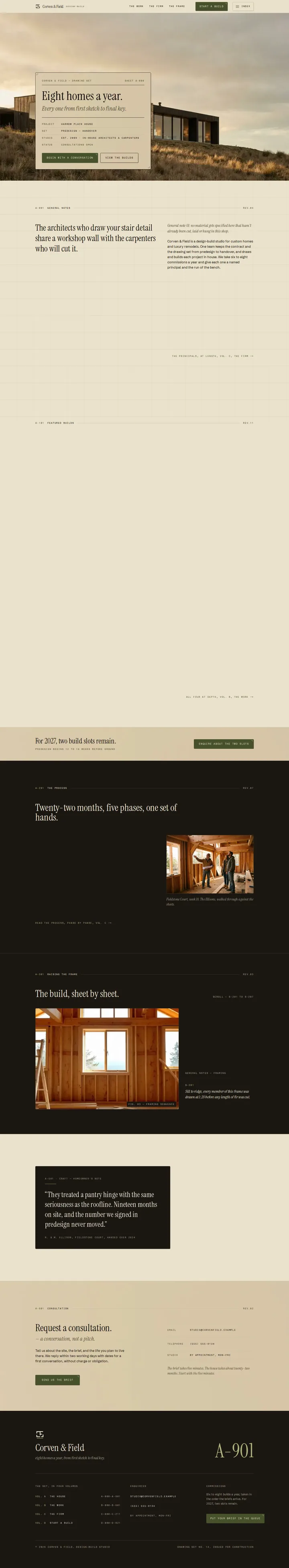 The Corven & Field custom home builders template, shown on a desktop screen