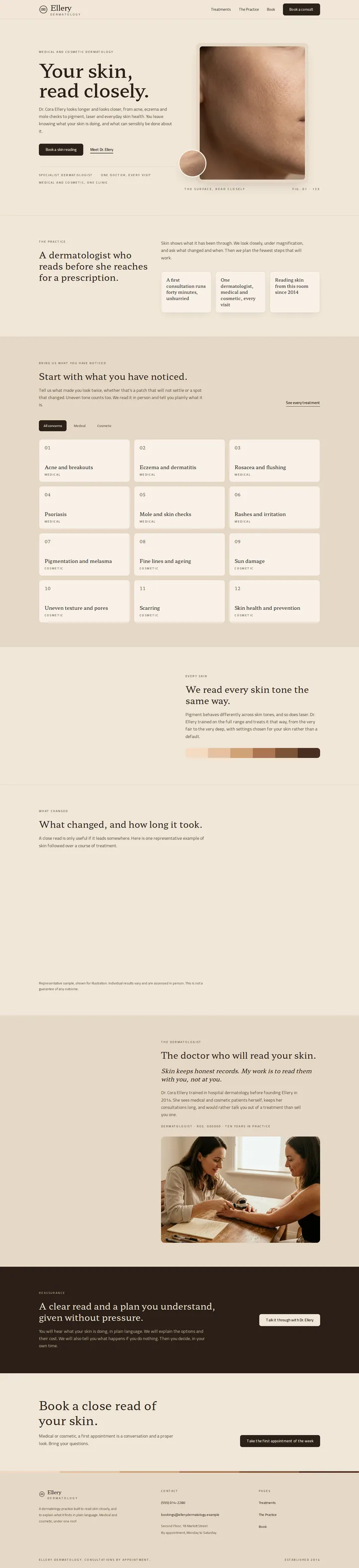 The Ellery Dermatology medical and cosmetic dermatology template, shown on a desktop screen
