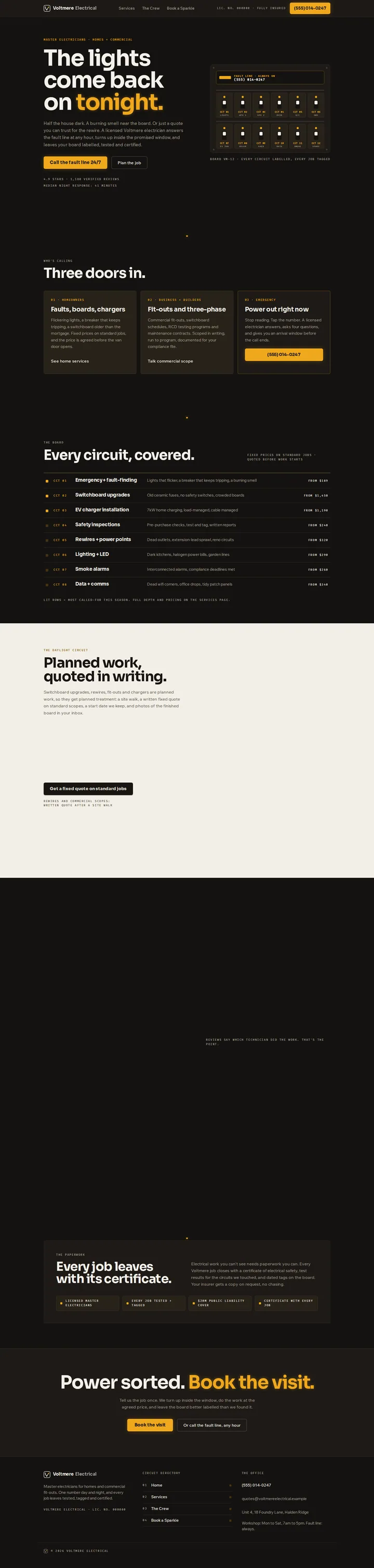 The Voltmere Electrical electrical contracting template, shown on a desktop screen