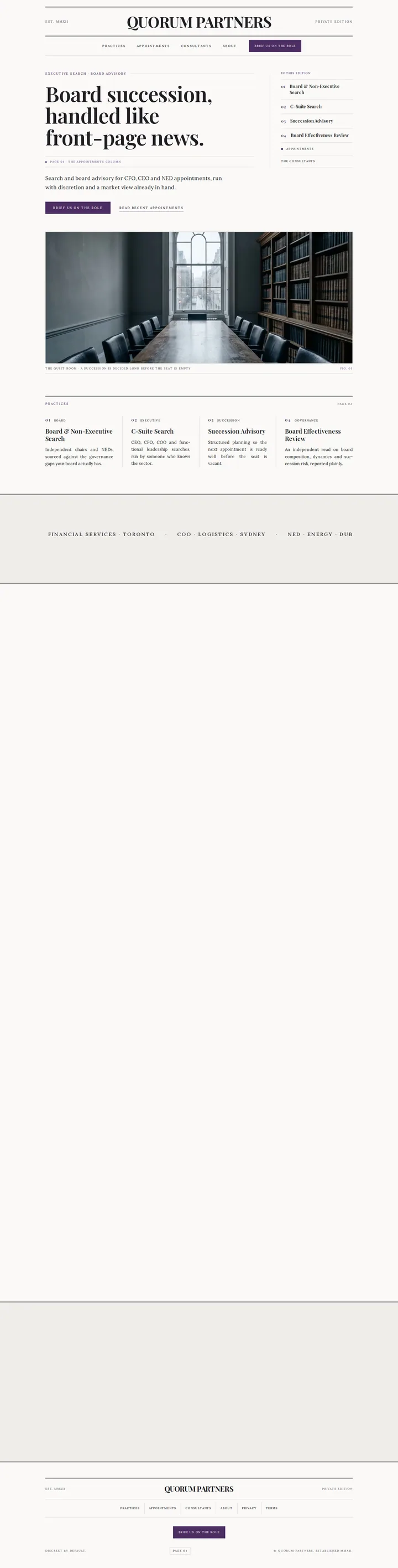 The Quorum Partners executive search and board advisory template, shown on a desktop screen