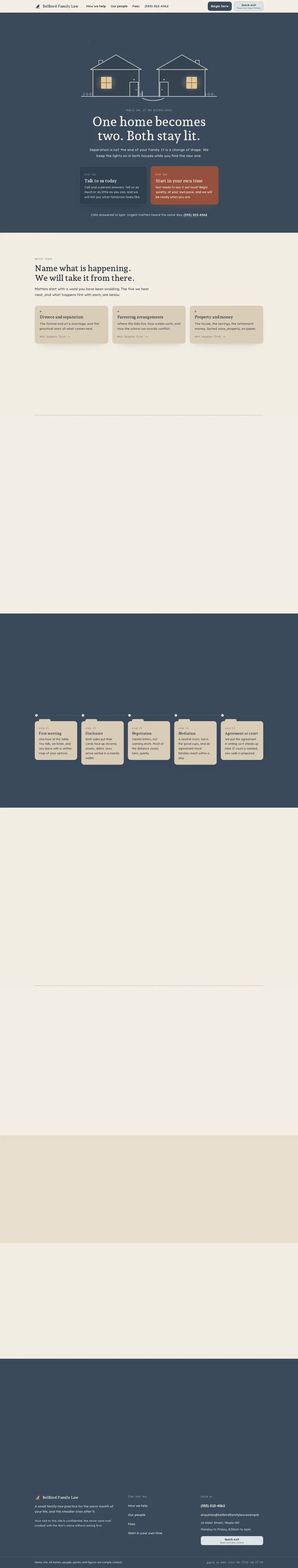 Bellbird Family Law, the home page top to bottom