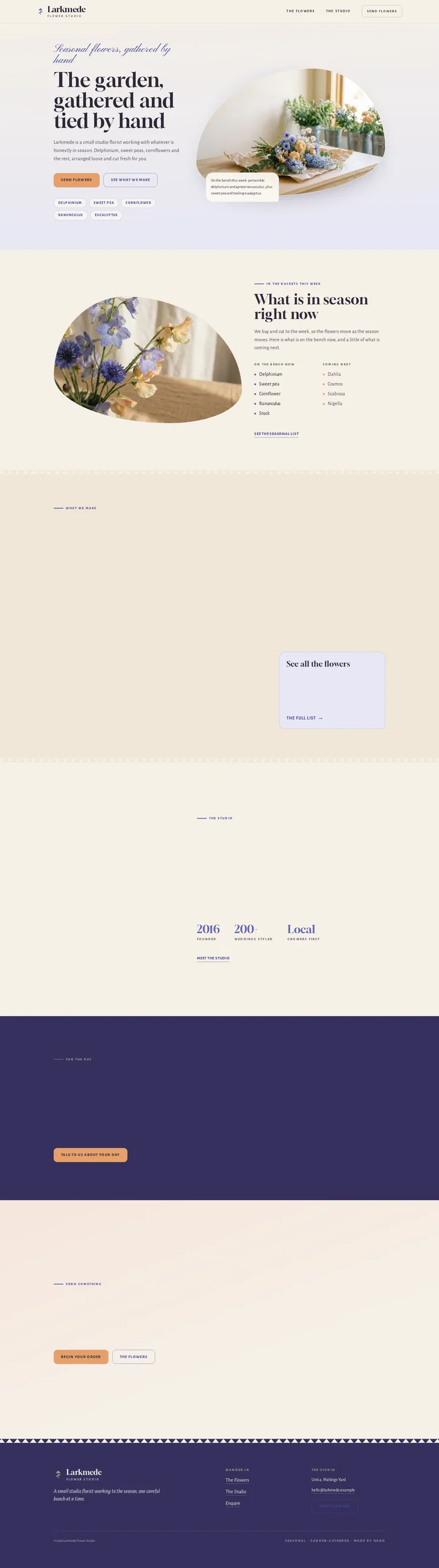 Larkmede Flower Studio, the home page top to bottom