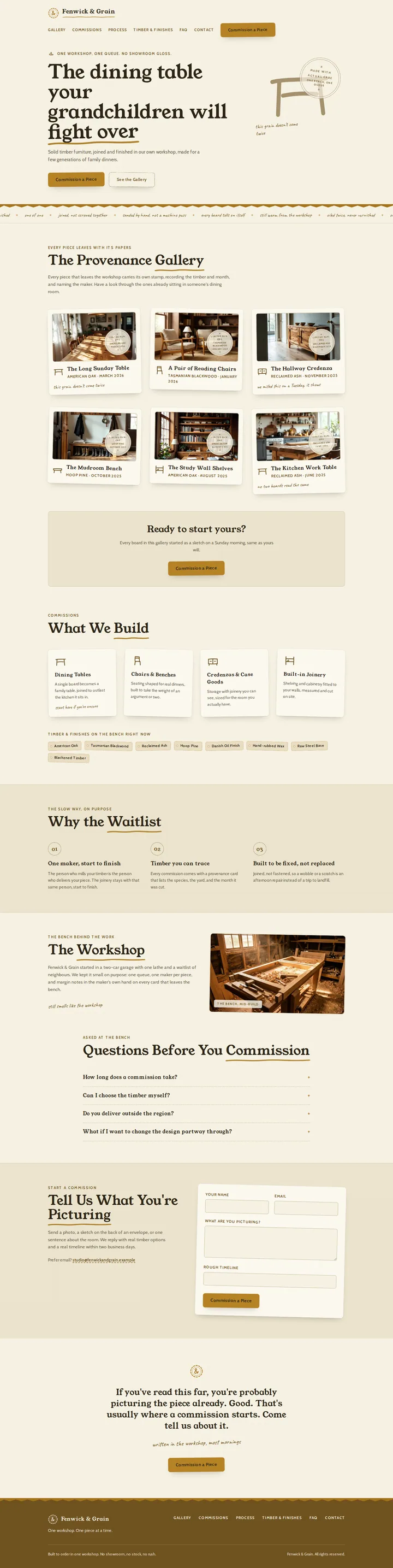 The Fenwick & Grain bespoke furniture and joinery template, shown on a desktop screen