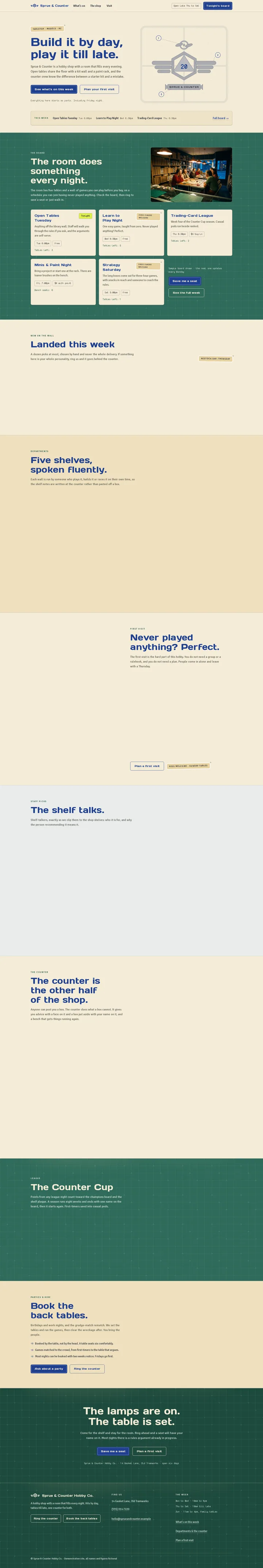 The Sprue & Counter Hobby Co. hobby shop template, shown on a desktop screen