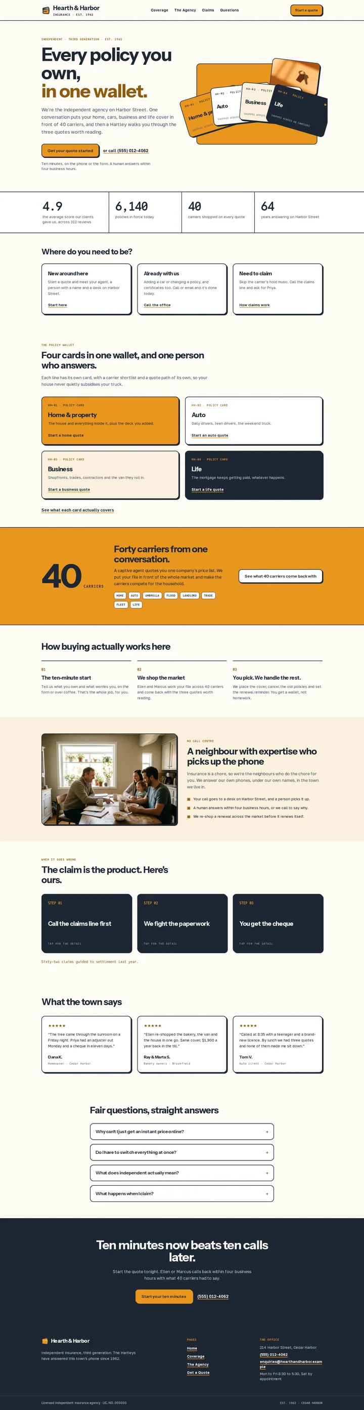 The Hearth & Harbor Insurance independent insurance agency template, shown on a desktop screen