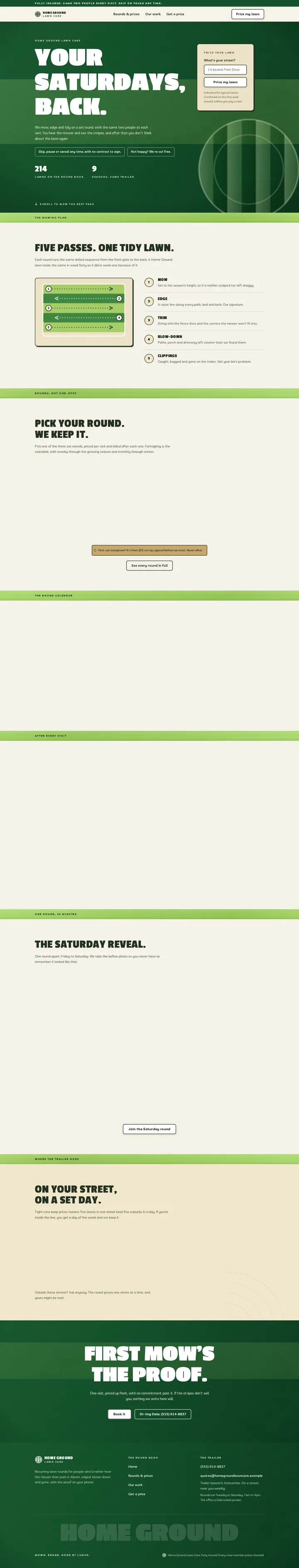 The Home Ground Lawn Care lawn mowing and turf care template, shown on a desktop screen