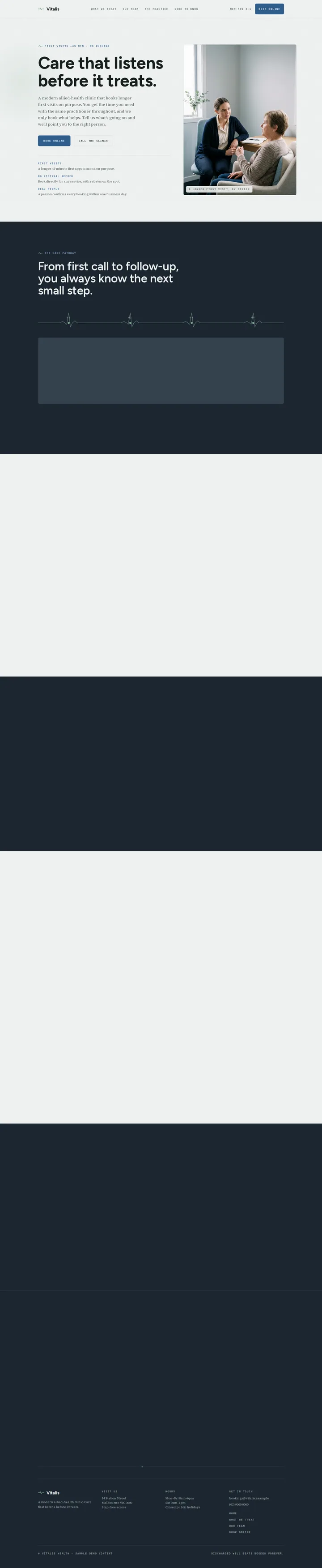 Vitalis, the home page top to bottom