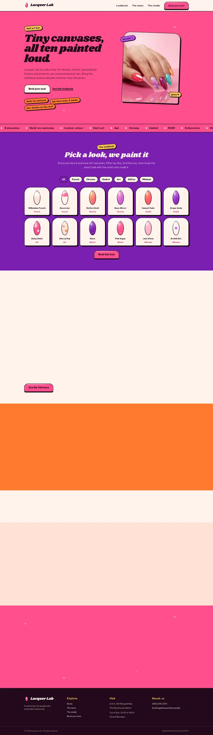 Lacquer Lab, the home page top to bottom