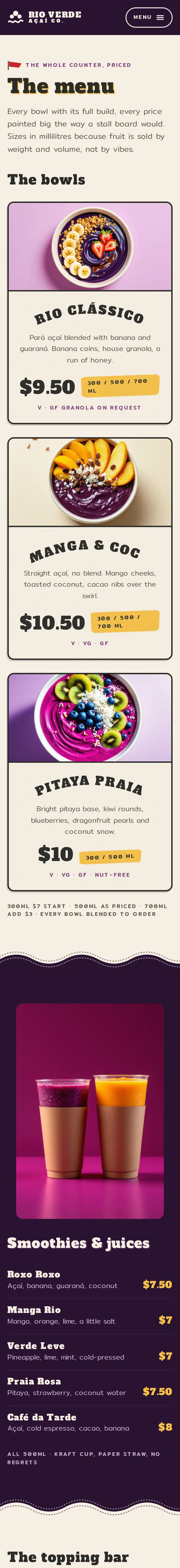 Rio Verde Açaí Co., the The Menu page