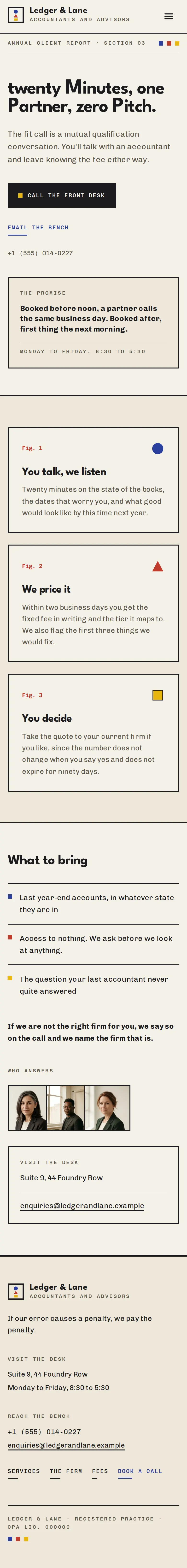 Ledger & Lane, the Book a call page