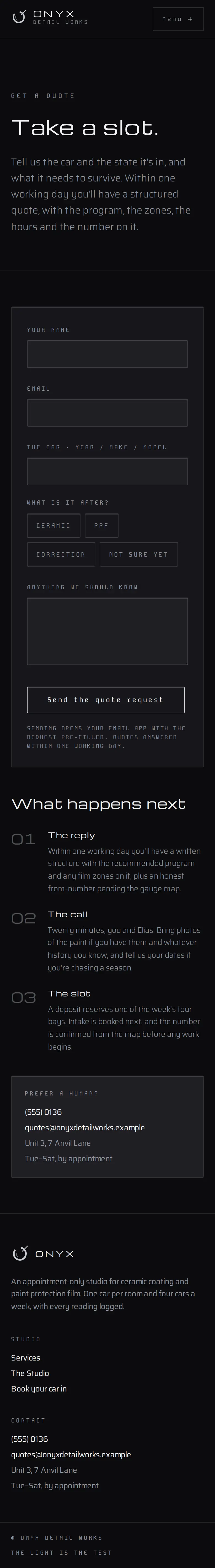 Onyx Detail Works, the Book your car in page
