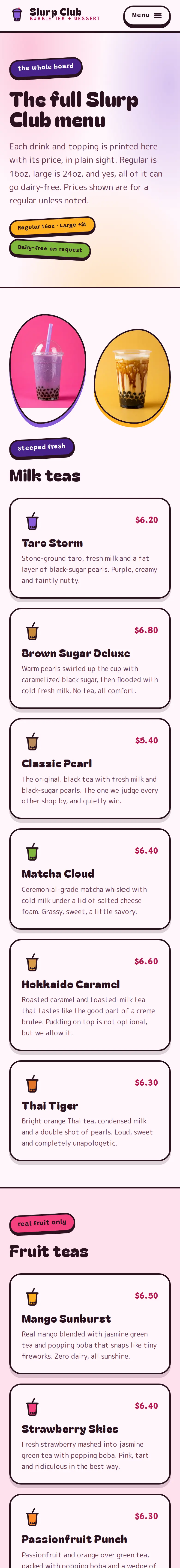 Slurp Club, the Menu page