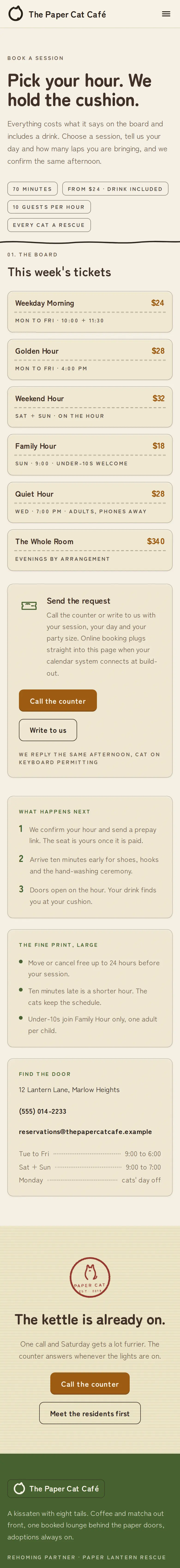 The Paper Cat Cafe, the Book your hour page