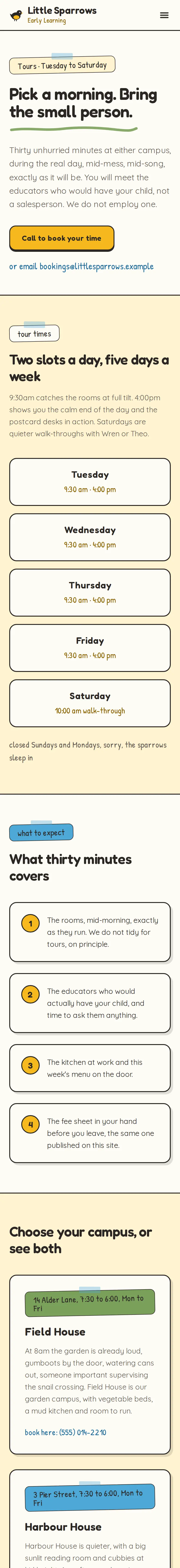 Little Sparrows Early Learning, the Book a tour page