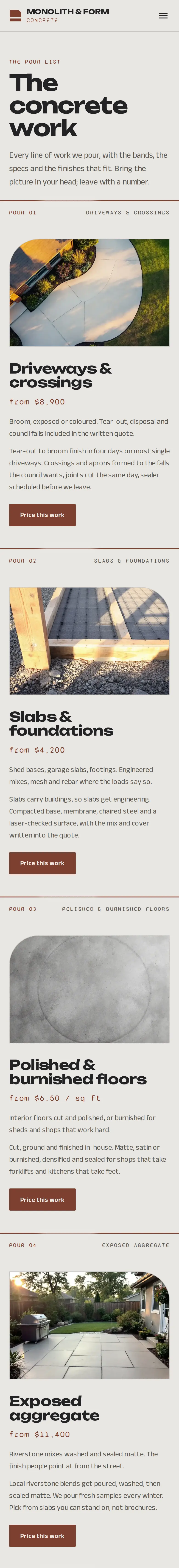 Monolith & Form Concrete, the Concrete work page