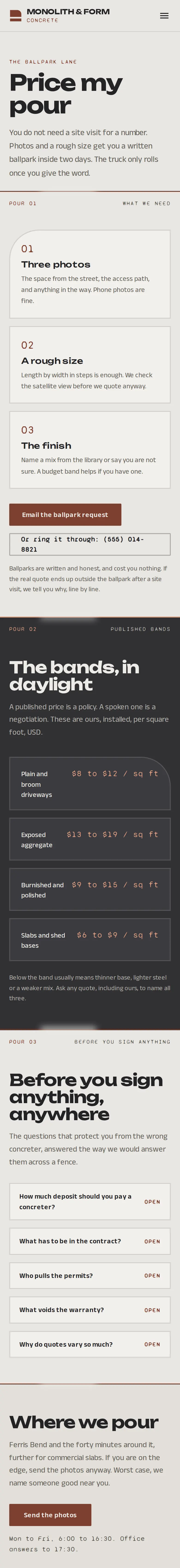 Monolith & Form Concrete, the Price my pour page