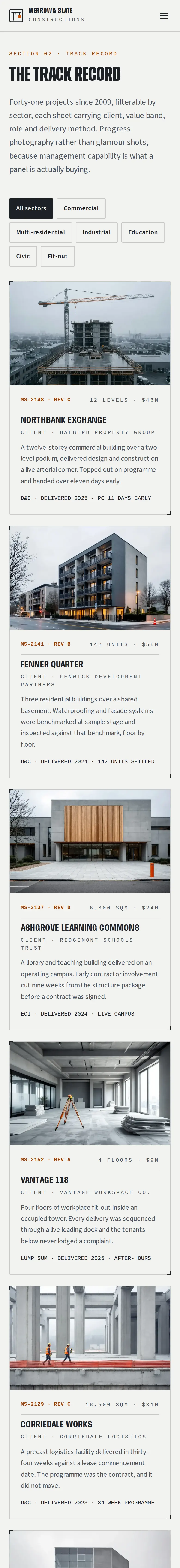 Merrow & Slate Constructions, the 02Track record page