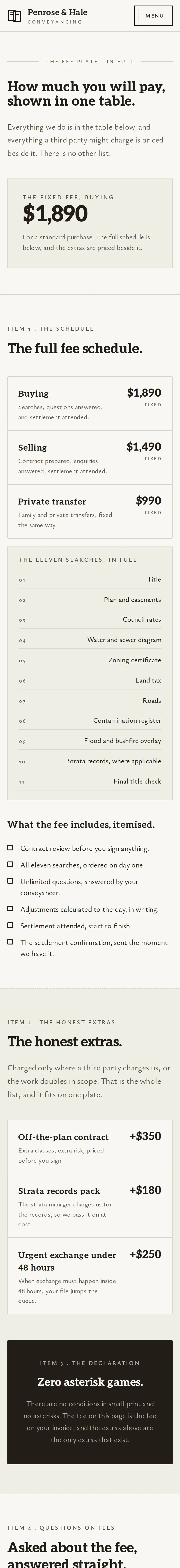 Penrose & Hale Conveyancing, the Fixed Fees page