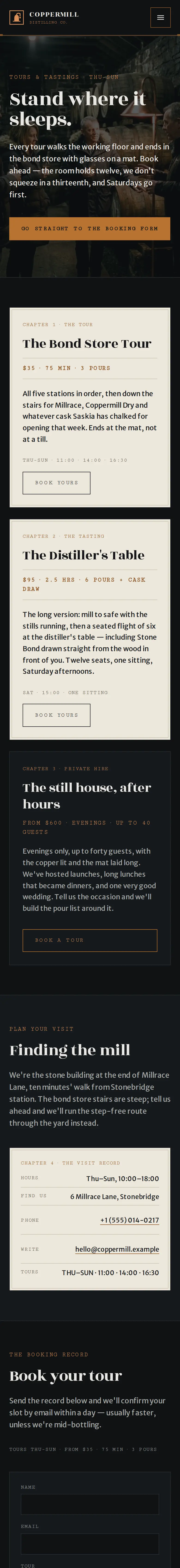 Coppermill Distilling Co., the Visit page