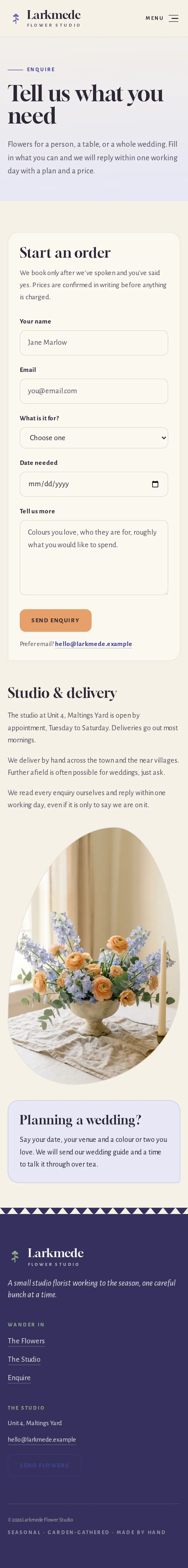 Larkmede Flower Studio, the Enquire page