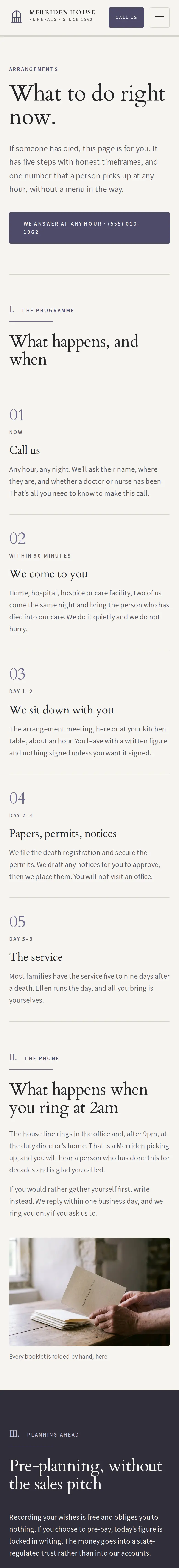 Merriden House Funerals, the Arrangements page