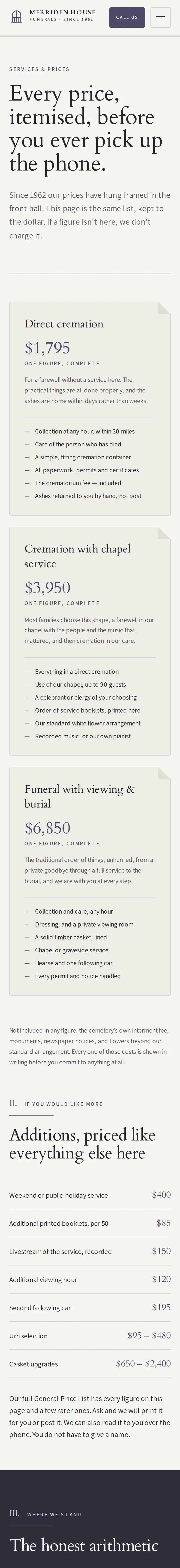Merriden House Funerals, the Services & Prices page