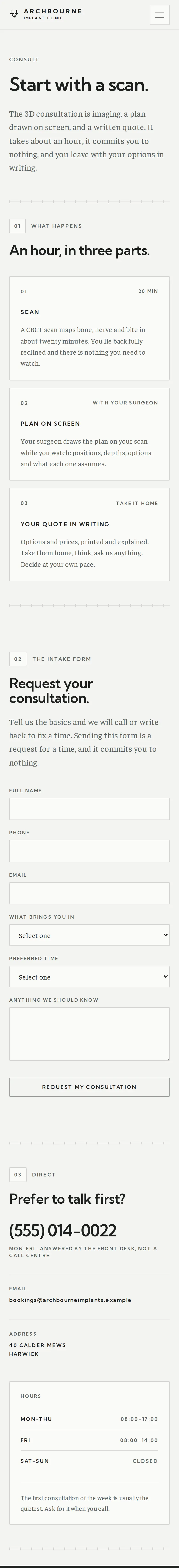 Archbourne Implant Clinic, the Consult page