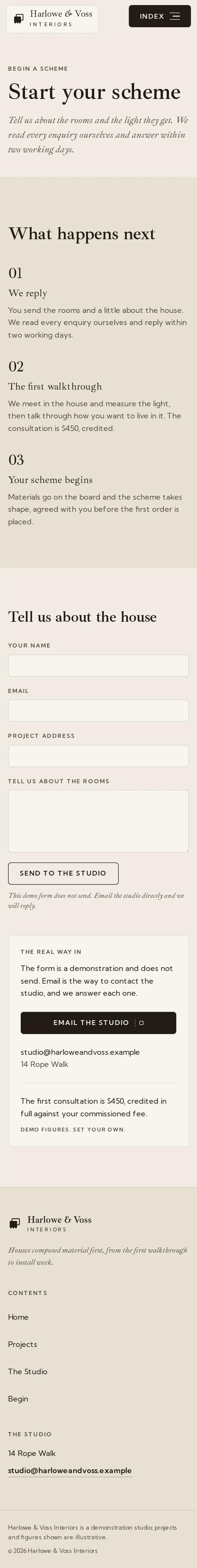 Harlowe & Voss Interiors, the Begin page