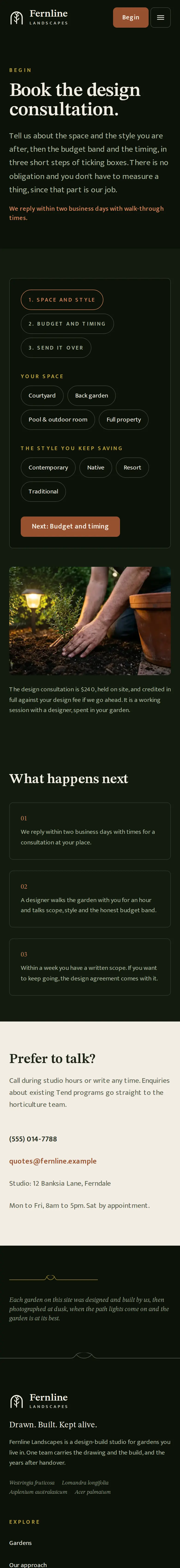 Fernline Landscapes, the Begin page