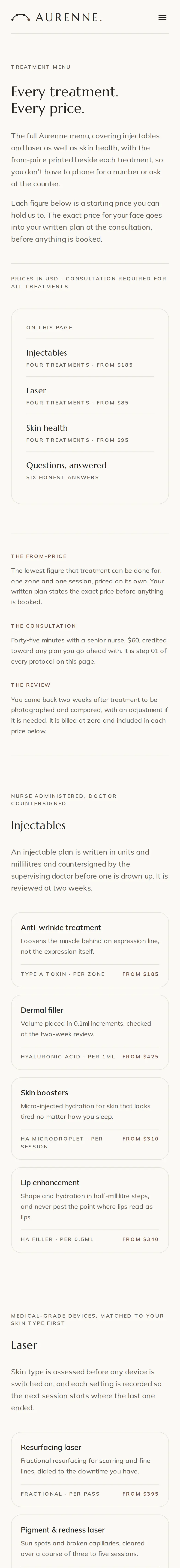 Aurenne, the Treatments page