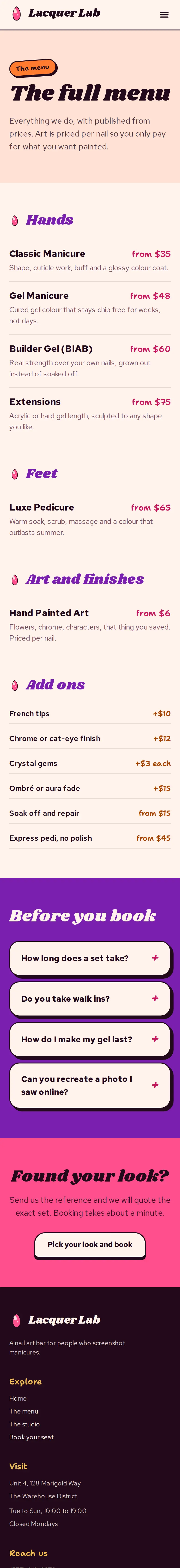 Lacquer Lab, the The menu page