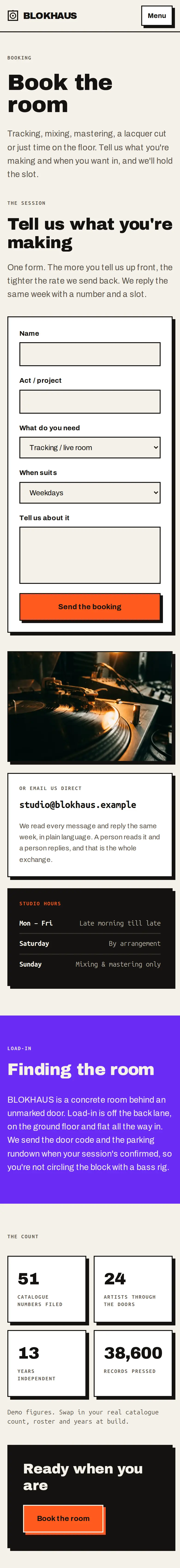Blokhaus, the Booking page