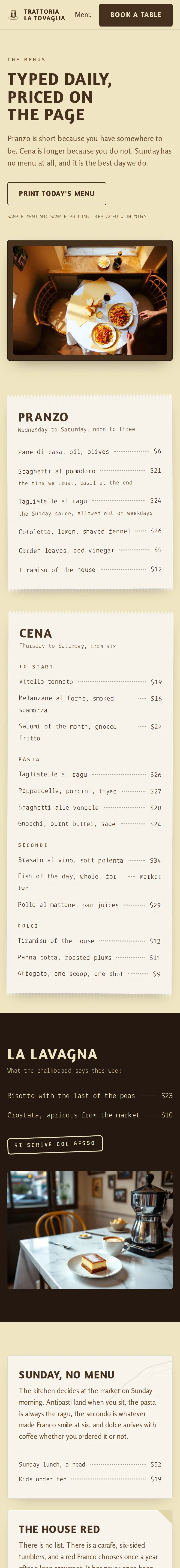 Trattoria La Tovaglia, the Menu page