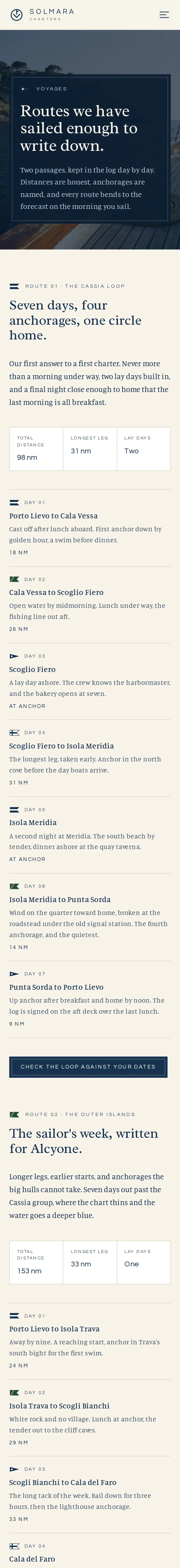 Solmara Charters, the Voyages page