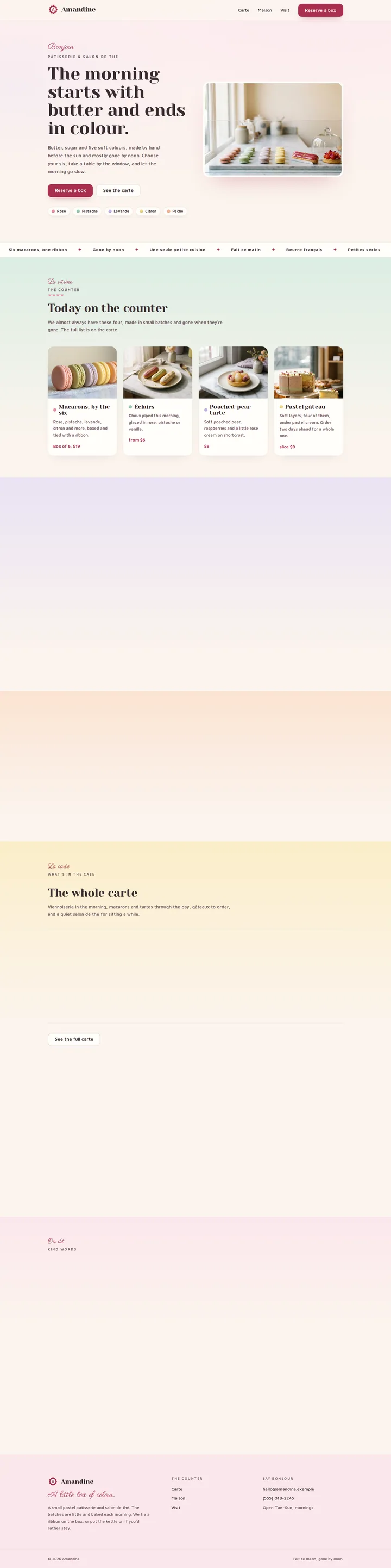 Amandine, the home page top to bottom