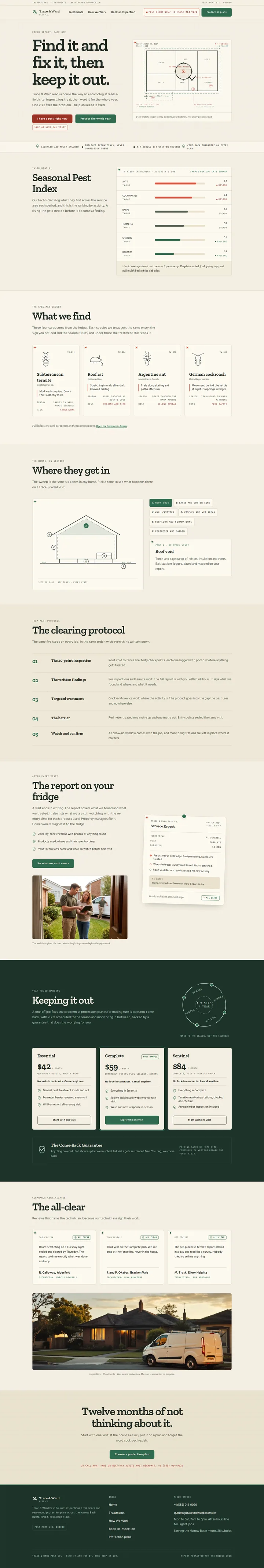 The Trace & Ward Pest Co. pest control template, shown on a desktop screen