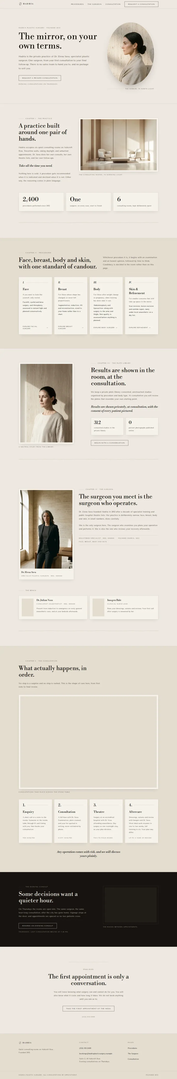 The Hadria Plastic Surgery plastic surgery template, shown on a desktop screen