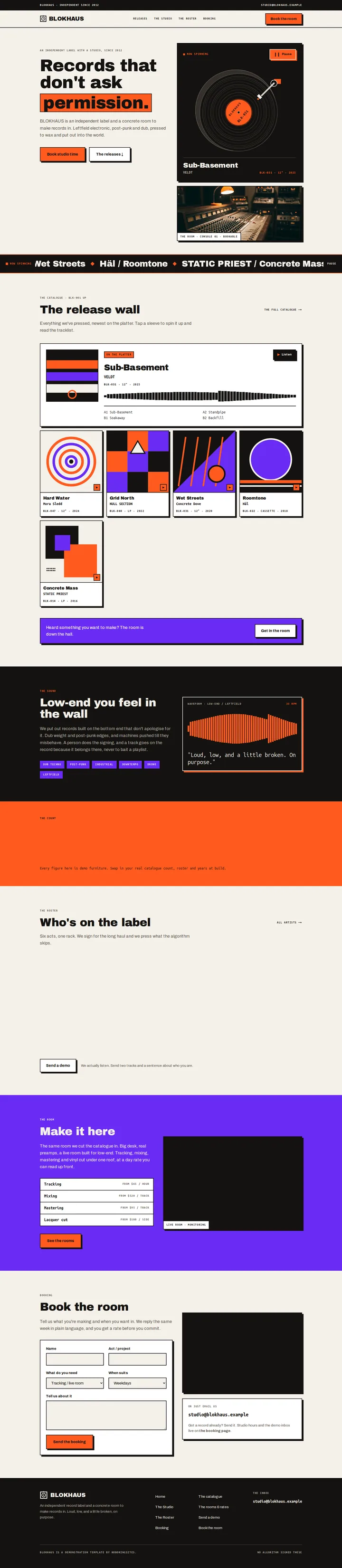 The Blokhaus independent record label and studio template, shown on a desktop screen