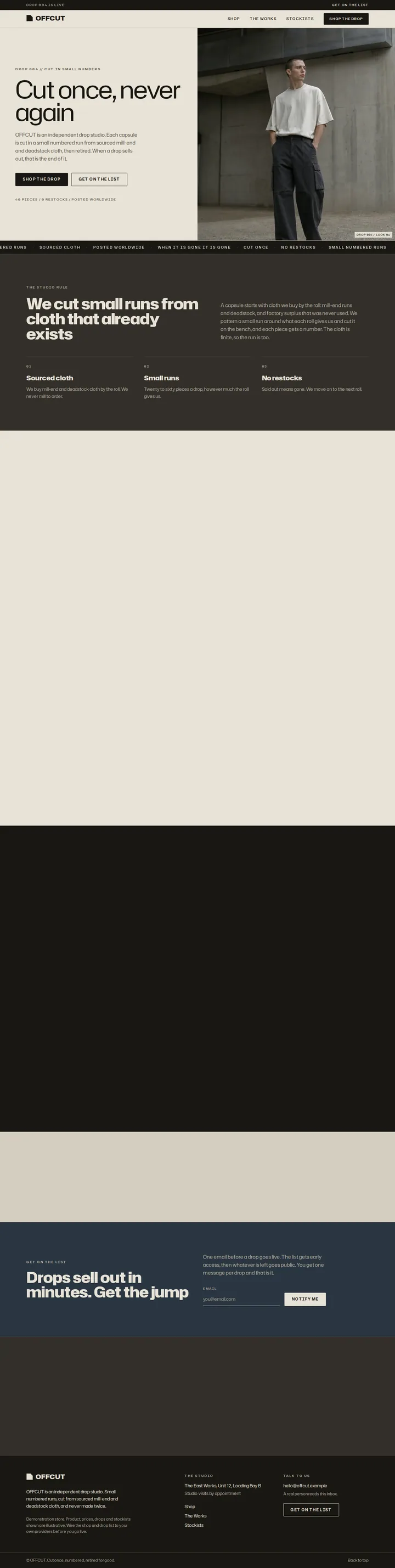 The Offcut streetwear drop studio template, shown on a desktop screen